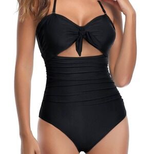 Tempt Me Black Ruched One Piece Swimsuit‎ Front Tie 786 Cutout Halter 18W NEW